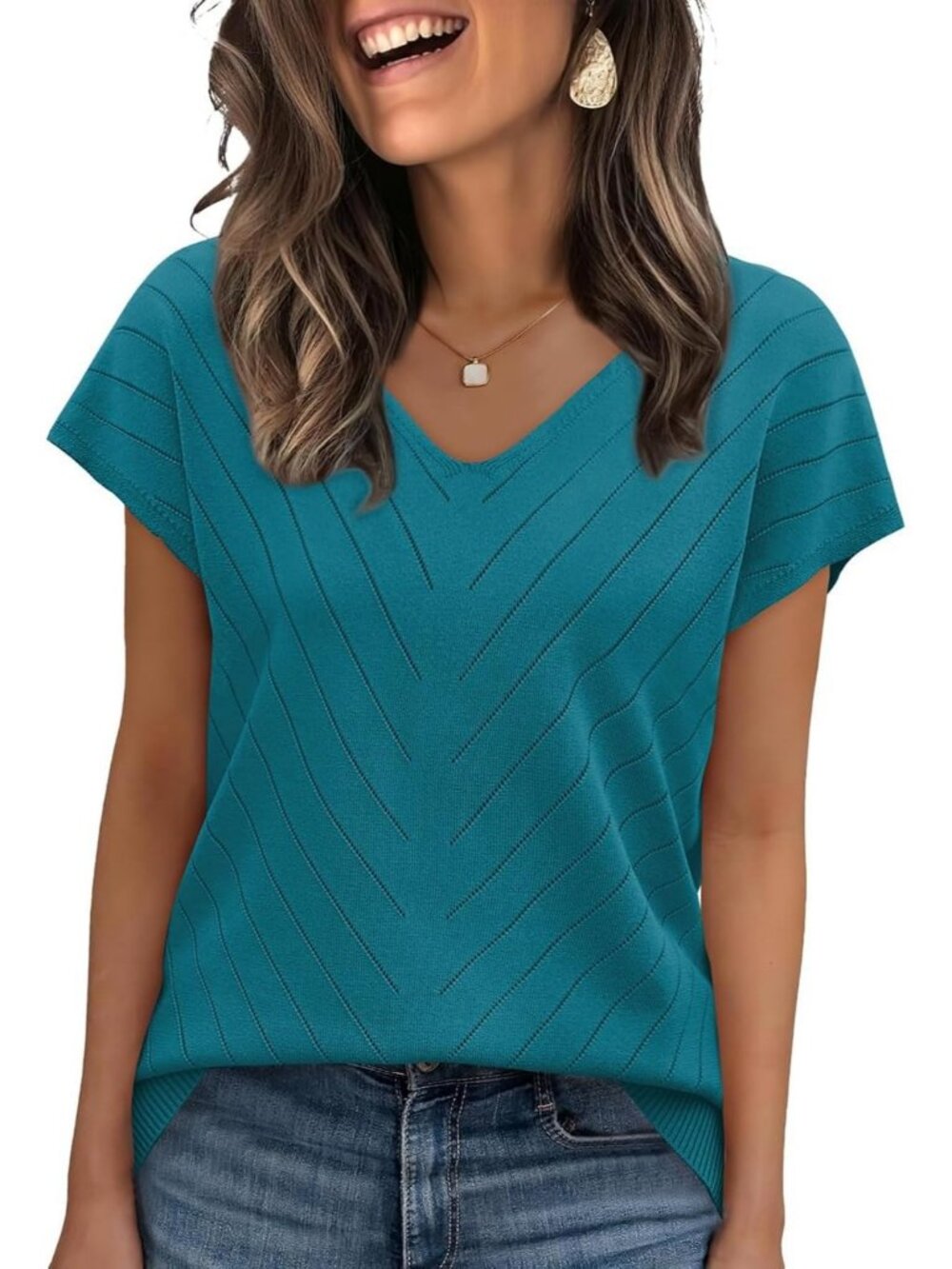 Women's T Blue Trendy Summer Tops Sweater Pullover V-Neck Pull On Short Sleeve